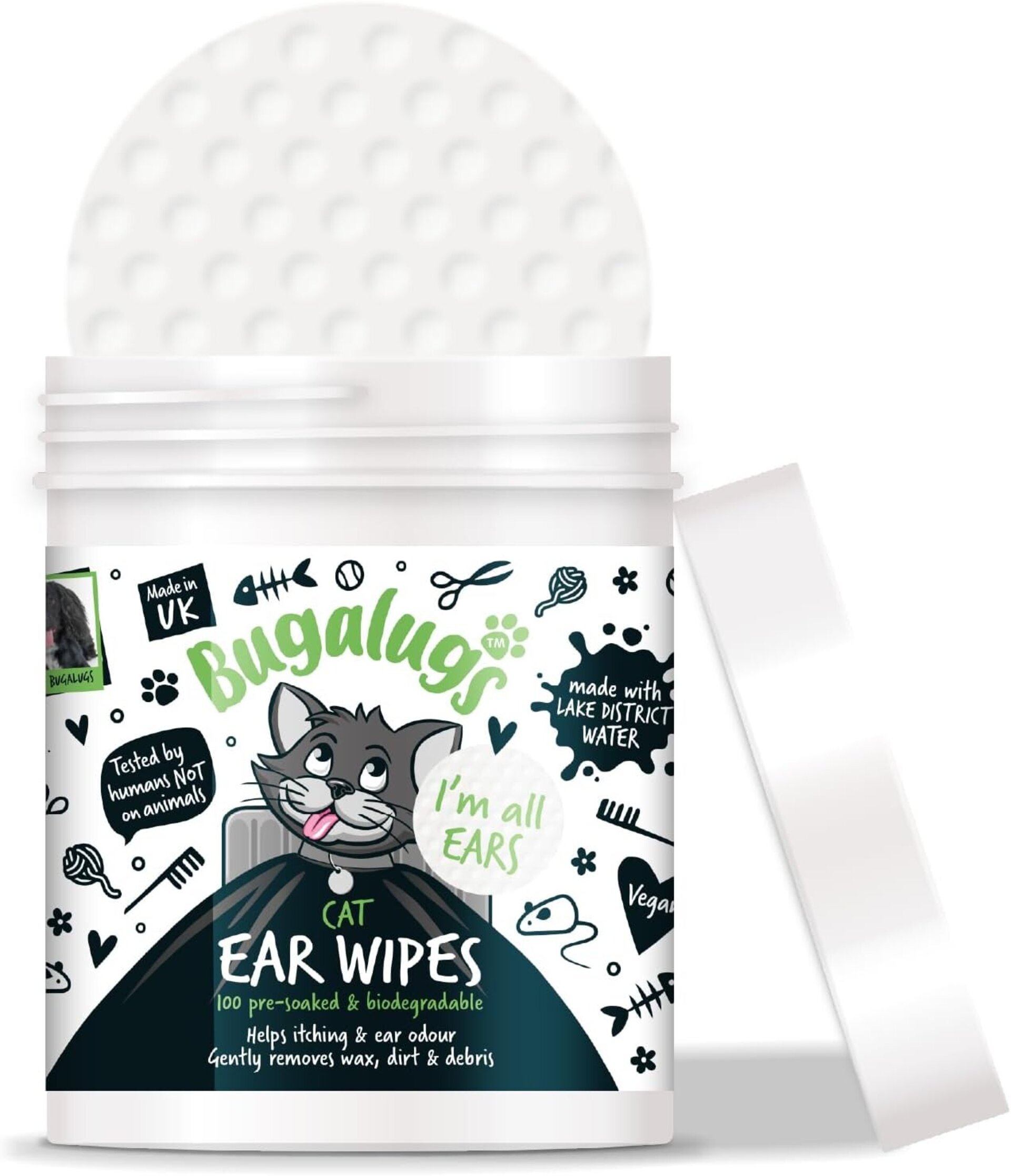 Bugalugs toallitas limpiadoras de orejas de gato, 100 toallitas biodegradables - 2