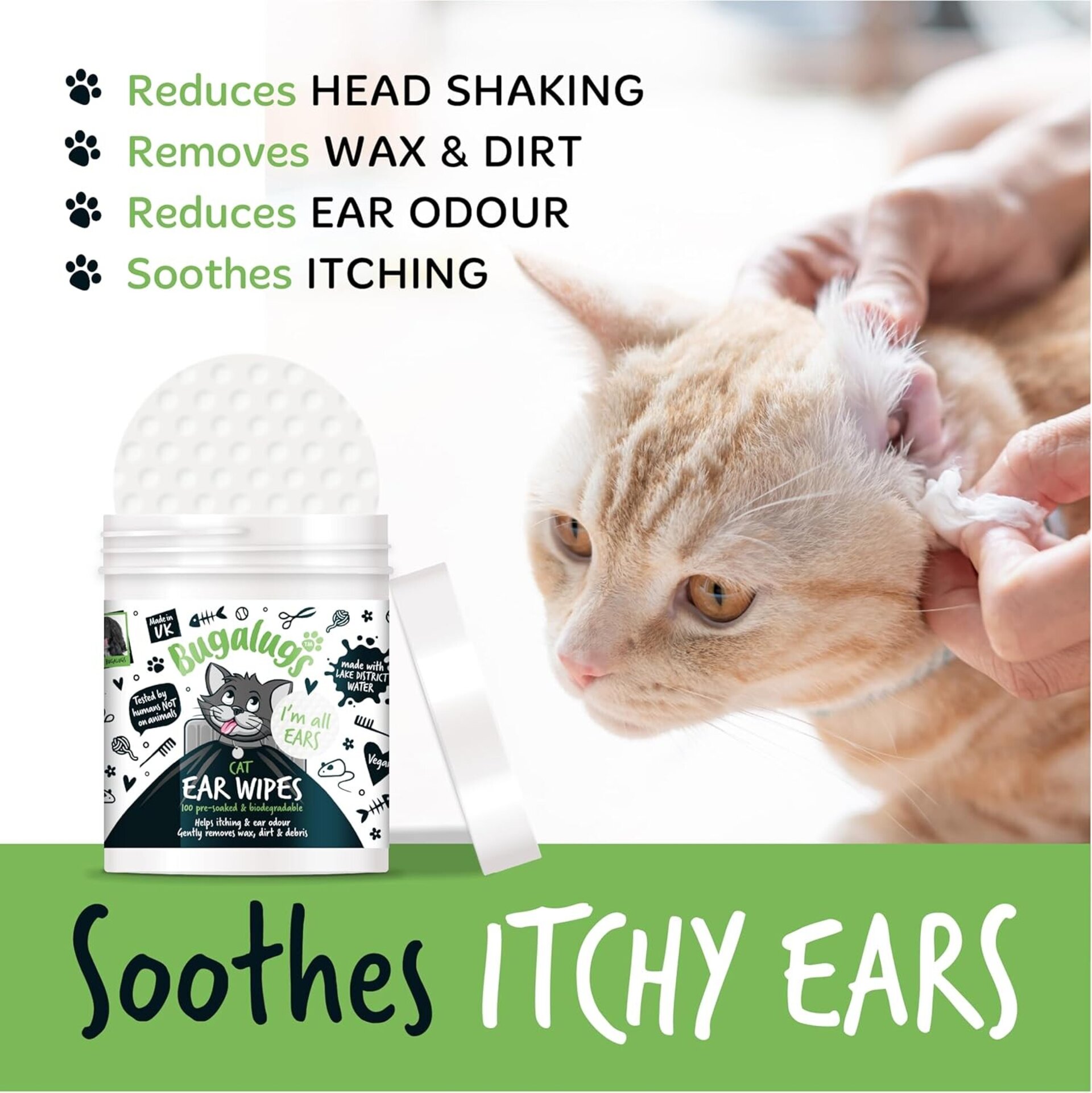 Bugalugs toallitas limpiadoras de orejas de gato, 100 toallitas biodegradables - 4