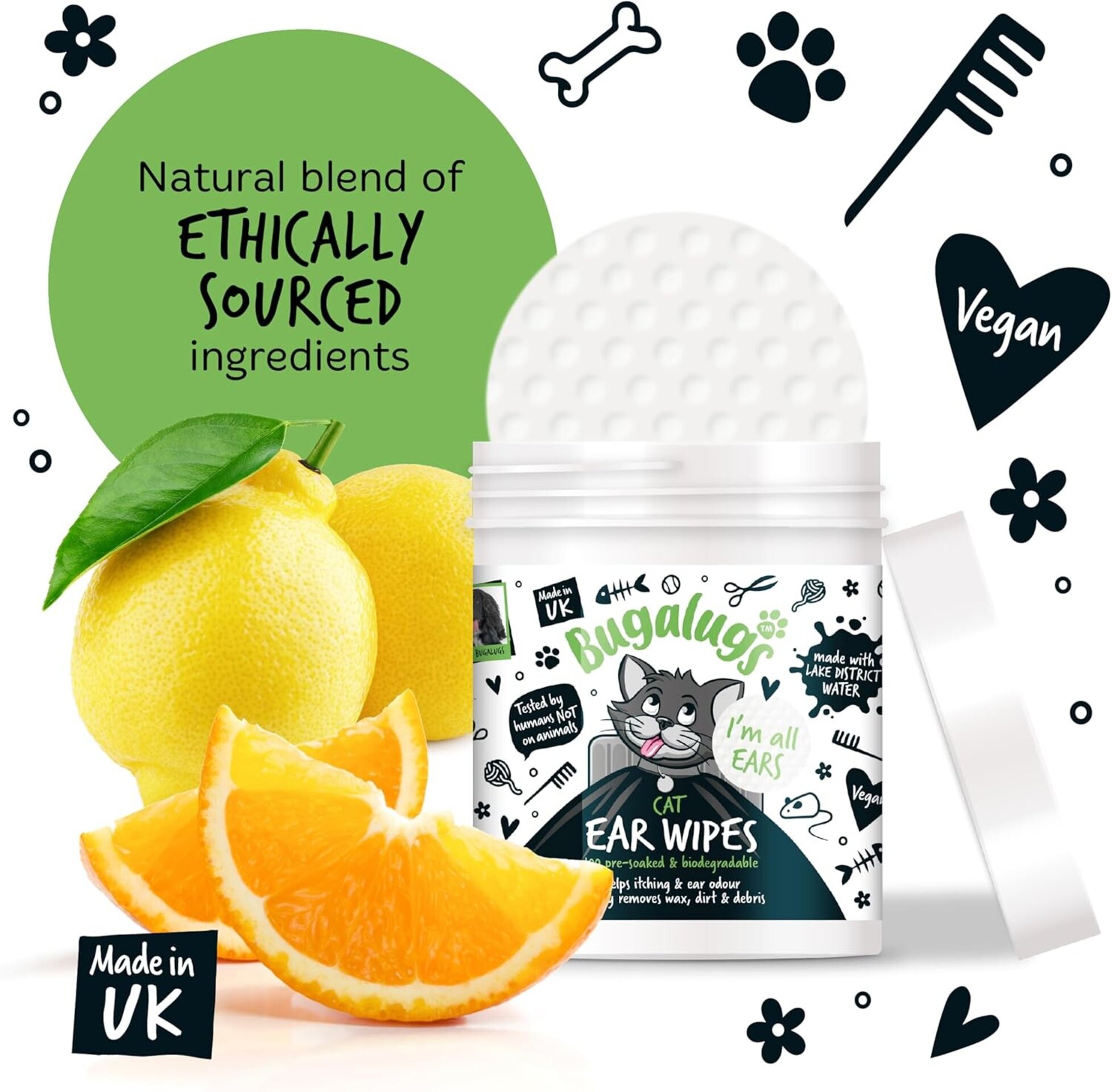 Bugalugs toallitas limpiadoras de orejas de gato, 100 toallitas biodegradables - 3