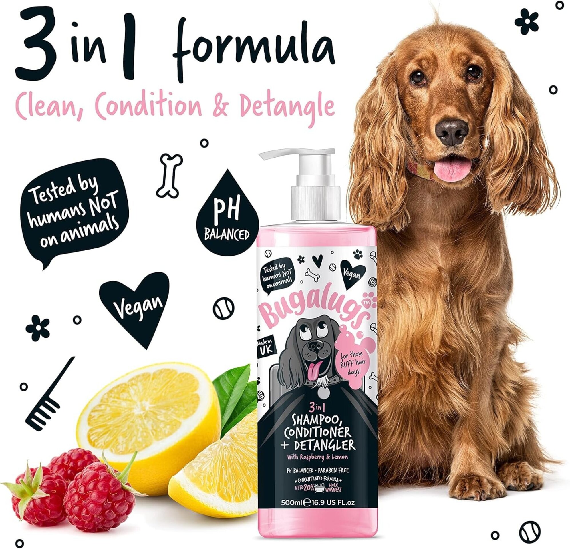 Bugalugs Champú para perros 3 en 1 champú, champú para cachorros 500ml - 3
