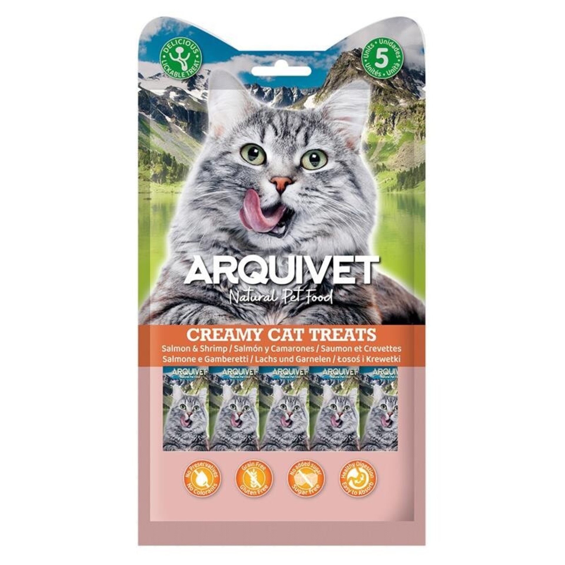 Creamy Cat Treats - Snack cremoso de Salmón y gambas (Bolsa con 5 sobres de 14 g - 1