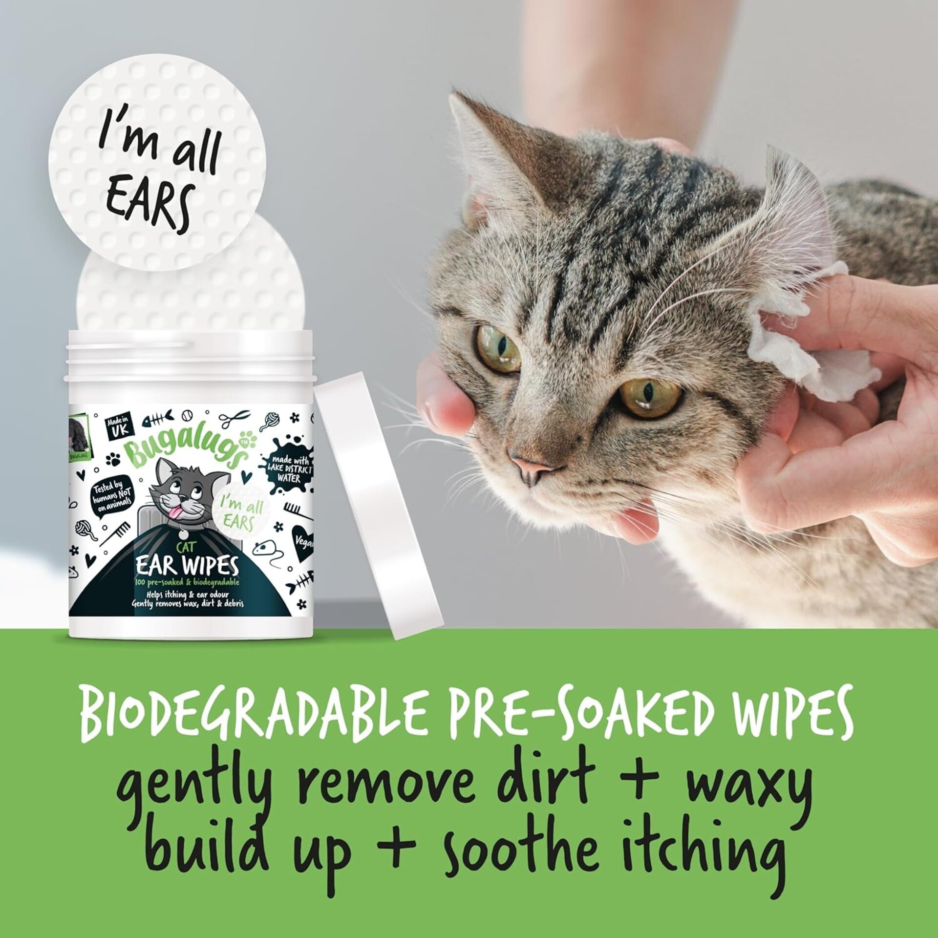 Bugalugs toallitas limpiadoras de orejas de gato, 100 toallitas biodegradables - 9