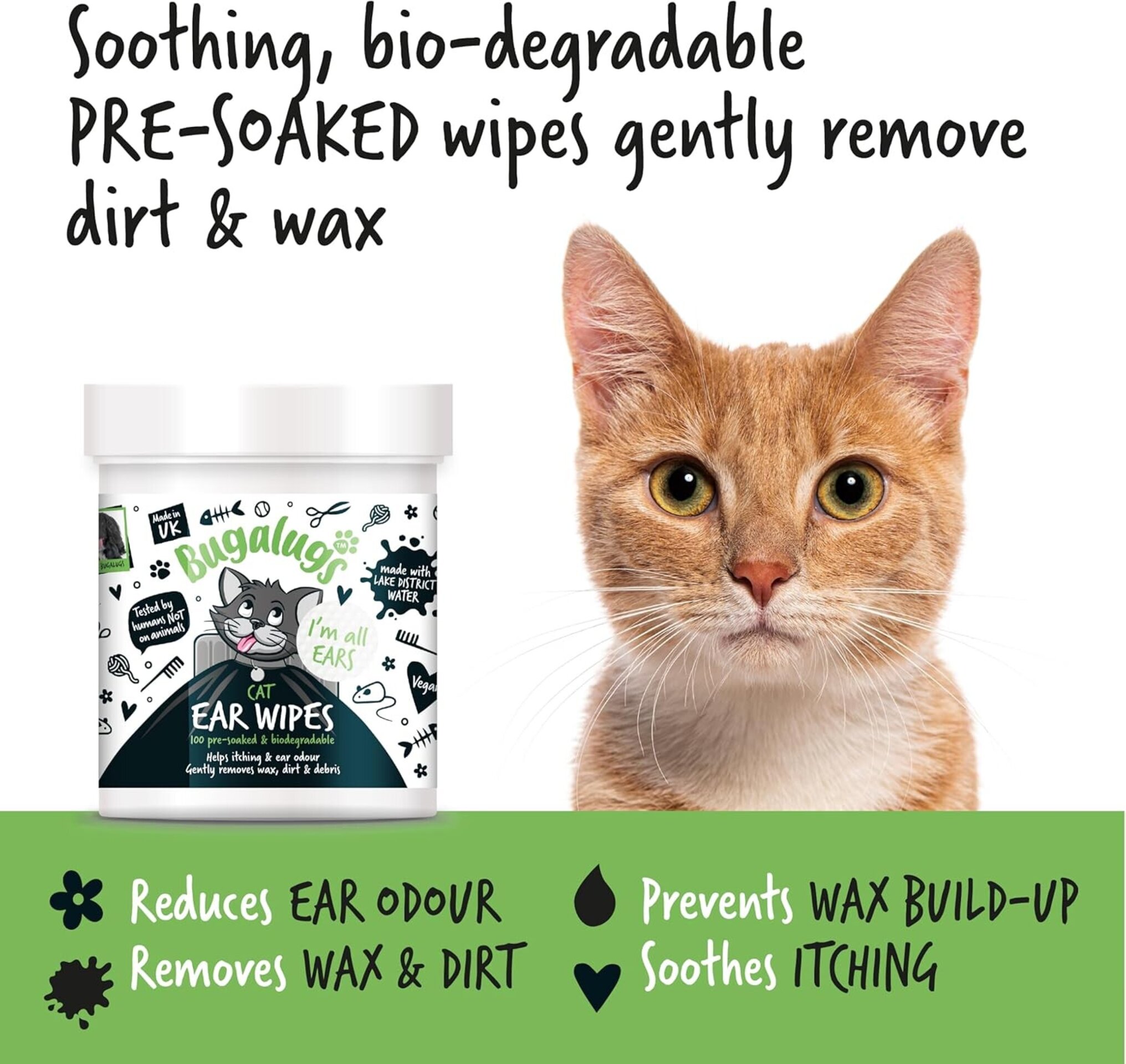 Bugalugs toallitas limpiadoras de orejas de gato, 100 toallitas biodegradables - 6