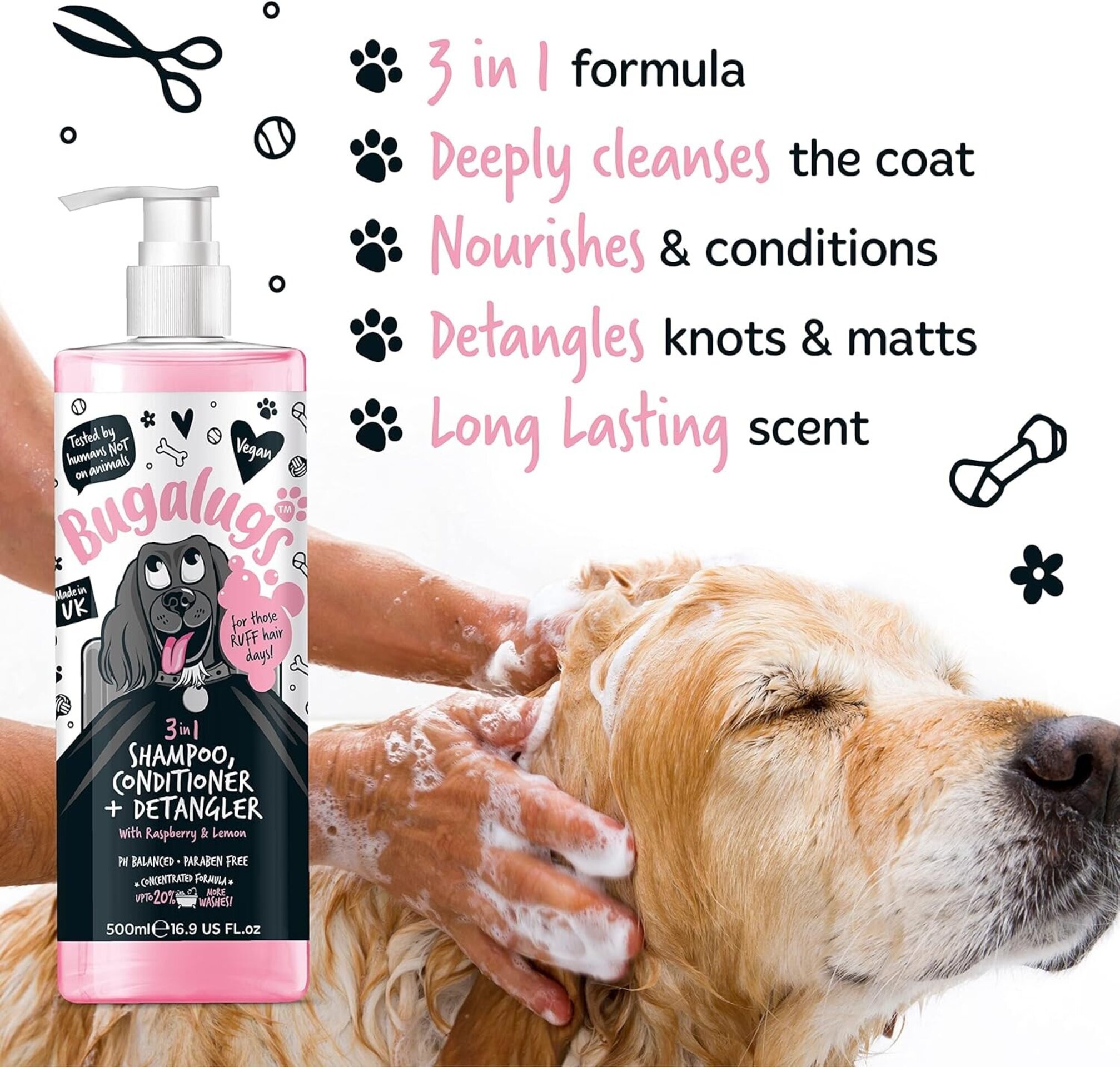 Bugalugs Champú para perros 3 en 1 champú, champú para cachorros 500ml - 6