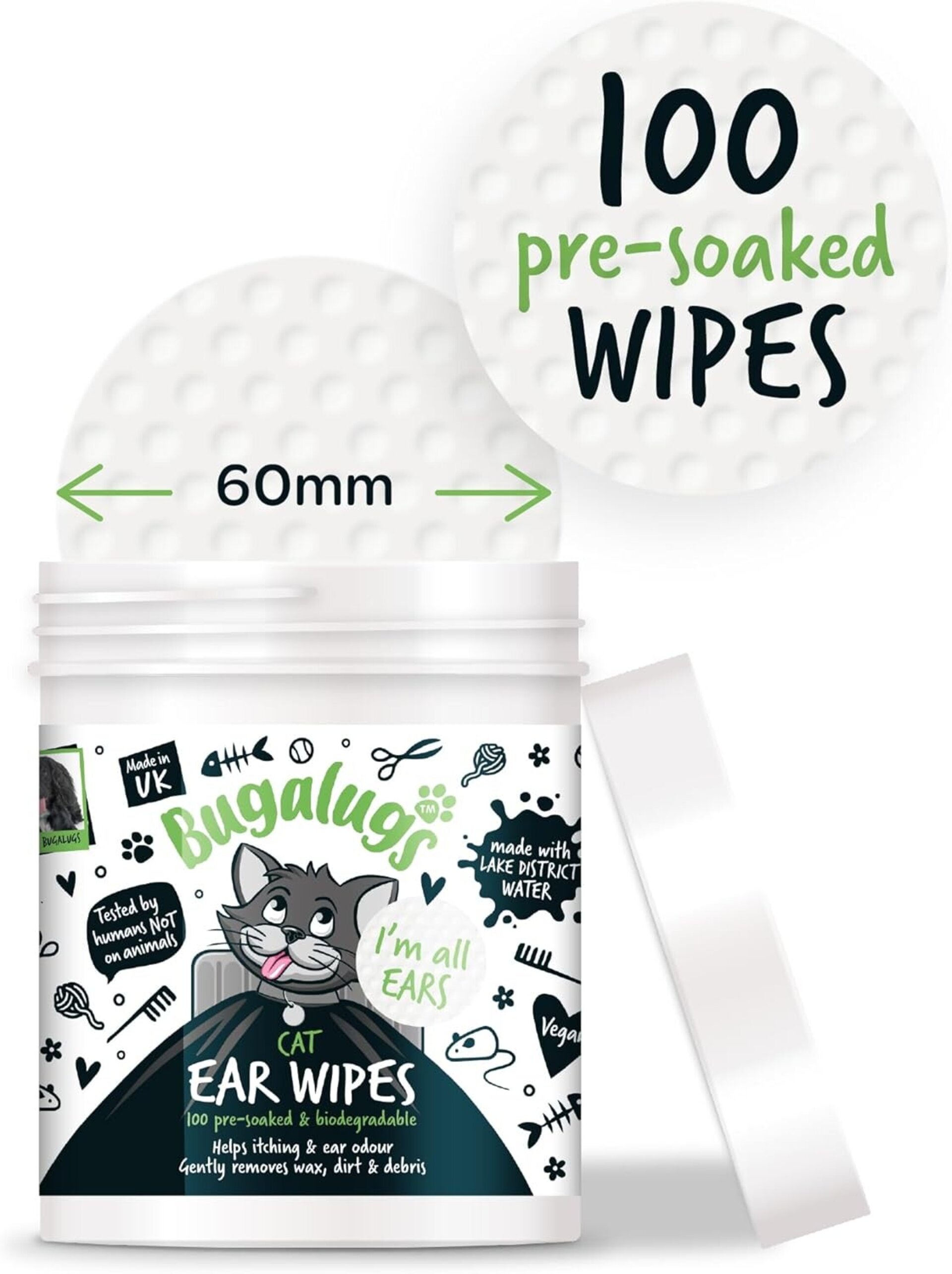 Bugalugs toallitas limpiadoras de orejas de gato, 100 toallitas biodegradables - 5